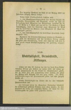 XXII. Wohlthätigkeit, Vermächtnisse, Stiftungen