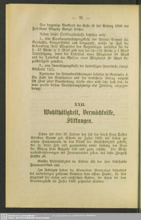 XXII. Wohlthätigkeit, Vermächtnisse, Stiftungen