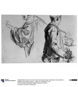 Heinrich von Kleist, Der zerbrochene Krug: Ärmelstudie und männliche Halbfigur nach rechts, Gesicht abgewendet, mit Detailstudien der rechten Faust