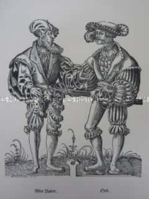 Kriegerdarstellung, Vater und Sohn in Landsknechtstracht, um 1520.