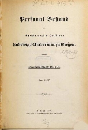 Personalbestand der Großherzoglich Hessischen Ludwigs-Universität zu Gießen. 1894/95. WS.