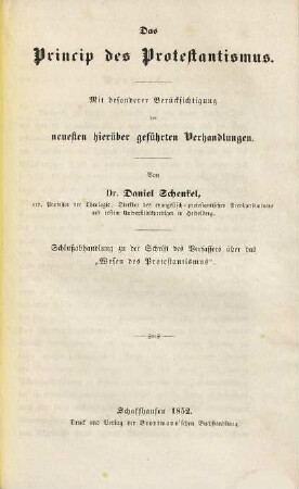 Das Princip des Protestantismus : mit besonderer Berücksichtigung der neuesten hierüber geführten Verhandlungen