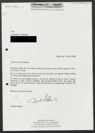Brief an Elisabeth Furtwängler, 15.04.2000