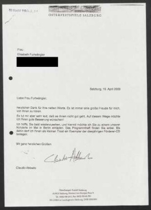 Brief an Elisabeth Furtwängler, 15.04.2000