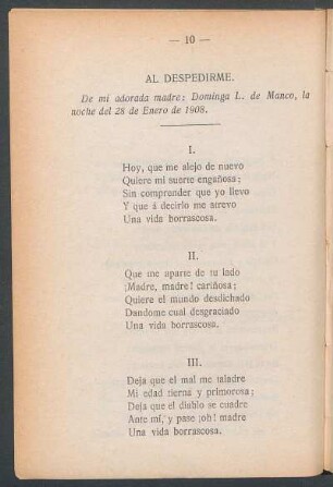 Al despedirme. : De mi adorada madre: Dominga L. de Manco, la noche del 28 de Enero de 1908.