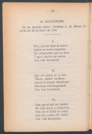 Al despedirme. : De mi adorada madre: Dominga L. de Manco, la noche del 28 de Enero de 1908.