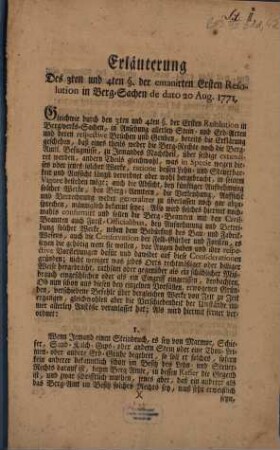 Erläuterung des 3ten und 4ten §. der emanirten Ersten Resolution in Berg-Sachen de dato 20 Aug. 1771 : Bayreuth, den 21 May 1773