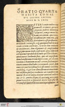 Oratio Qvarta. Habita Romae XVI. Kalend. Decemb. Anno M.D. LXIII