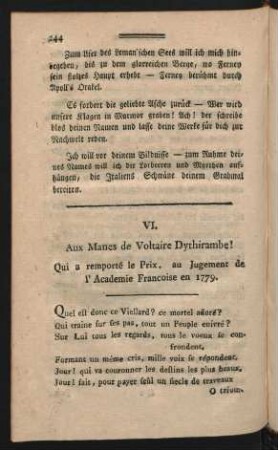 VI. Aux Manes de Voltaire Dythirambe! ...