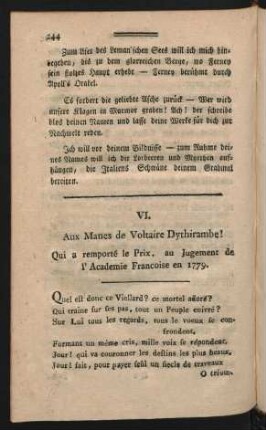 VI. Aux Manes de Voltaire Dythirambe! ...