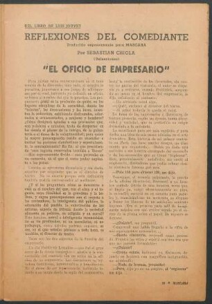 Reflexiones del comediante : Traducido expresamente para Máscara por Sebastian Chiola - (Selecciones) - "El oficio de empresario"