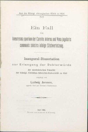 Ein Fall von Aneurysma spurium der Carotis interna und Vena jugularis communis sinistra infolge Stichverletzung