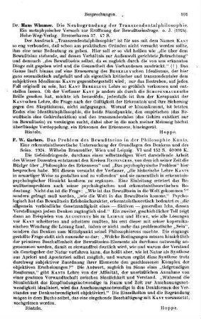 101, F. W. Garbers. Das Problem des Bewußtseins in der Philosophie Kants. Eine erkenntnistheoretische Untersuchung der Grundlagen des Denkens und des Seins. 1924