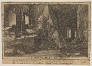 Maria Magdalena vor einem Kruzifix knieend