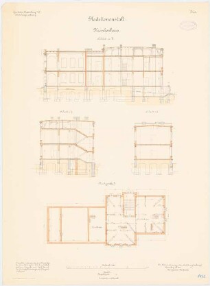 Kadettenanstalt der Garnison, Naumburg/Saale: Krankenhaus: Grundriss Dachgeschoss, Längsschnitt, Querschnitte 1:100