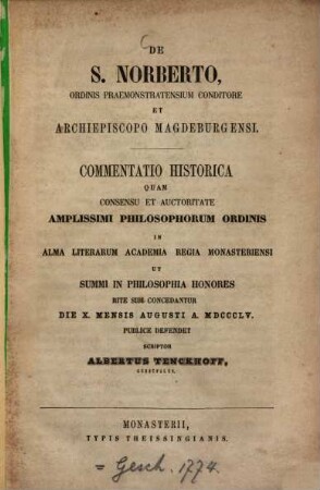De S. Norberto ordinis Praemonstratensium conditore et archiepiscopo Magdeburgensi : Münsterer Inaugural-Dissertation