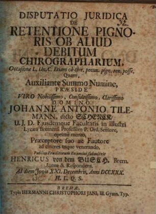 Disp. iur. de retentione pignoris ob aliud debitum chirographarium