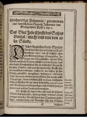 Leichpredigt Johannis/ genommen aus dem schönen Spruch Johannis des Evangelisten Epist. 1. cap. 1