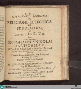 Disputatio Secunda De Religione Eclectica Seu Prudentum ad Locum 1. Thessal. V.21