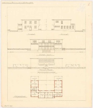 Gymnastikschule am See Monatskonkurrenz Dezember 1932: 1. Variante: Grundriss Obergeschoss; Aufriss Nordostansicht, Nordwestansicht, Südostansicht , Südwestansicht