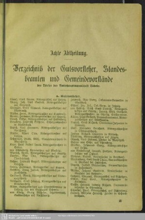 Achte Abtheilung. Verzeichnis der Gutsvorsteher, Standesbeamten und Gemeindevorstände der Dör-fer der Amtshauptmannschaft Döbeln