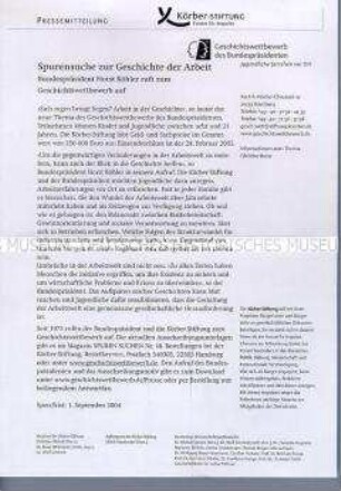 Pressemitteilung zum Geschichtswettbewerb des Bundespräsidenten "Spurensuche zur Geschichte der Arbeit"