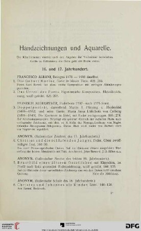 Handzeichnungen und Aquarelle 16. Und 17. Jahrhundert (Nr. 1-157)