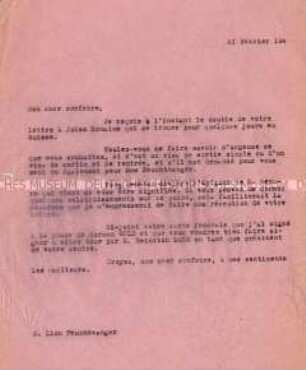 Durchschlag eines maschinenschriftlichen Briefes an Lion Feuchtwanger (in französischer Sprache)