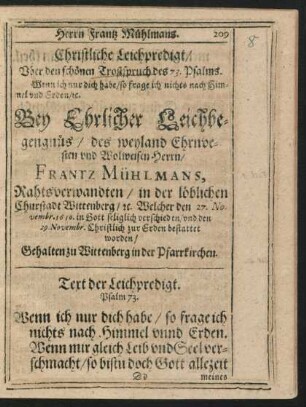 Christliche Leichpredigt/ ... Herrn Frantz Mühlmans ...