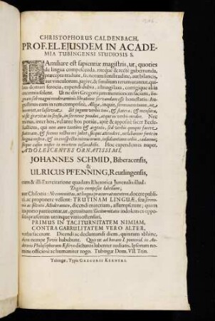 Christophorus Caldenbach, Prof. El. Ejusdem In Academia Tubingensi Studiosis S.