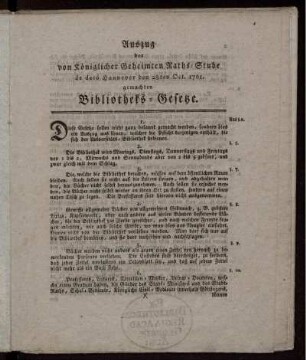 Auszug der von Königlicher Geheimten Raths-Stube de dato Hannover den 28ten Oct. 1761. gemachten Bibliotheks-Gesetze