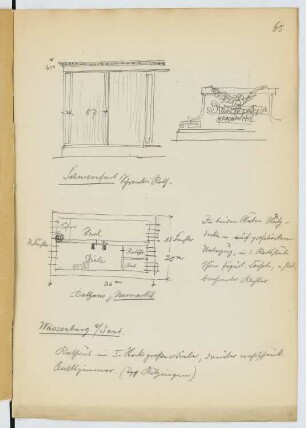 Schrank im Rathaus, Schweinfurt / Rathaus, Neumarkt: Ansicht, Detail Schrank, Grundriss Rathaus (aus: Skizzen- und Fotoalbum 24)
