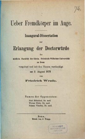 Ueber Fremdkörper im Auge : Inaugural-Dissertation