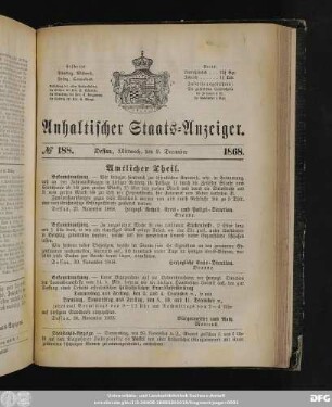 Anhaltischer Staats-Anzeiger : Dessauer neueste Nachrichten, No. 188. Dessau, Mittwoch, den 2. December 1868.