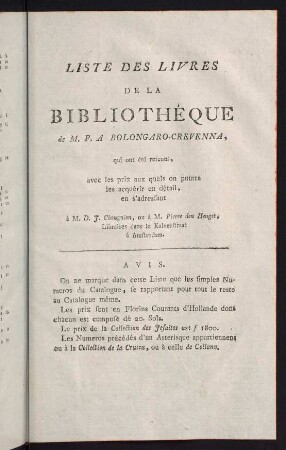 1-8, Liste des Livres de la Bibliothéque de M.P.A. Bolongaro-Crevenna, ...