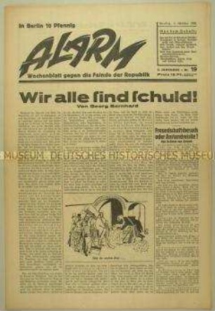 Republikanische Wochenzeitung "Alarm" u.a. zur Krise der Weimarer Republik