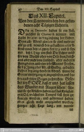 Das XII. Capitel. Von den Ceremonien bey den gefundenen acht Tägigen Lichtern