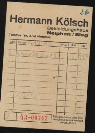 Kölsch, Hermann (Quittung)