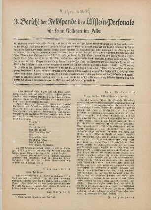3.1915: Bericht der Feldspende des Ullstein-Personals