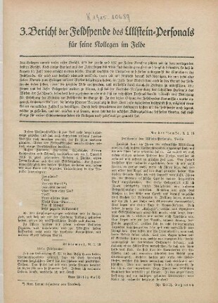 3.1915: Bericht der Feldspende des Ullstein-Personals