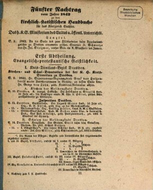 Kirchlich-statistisches Handbuch für das Königreich Sachsen oder Verzeichniß der in dem Königreiche Sachsen angestellten Geistlichen, Schulmeister, Schullehrer, Cantoren aller Confessionen. 5. 1842