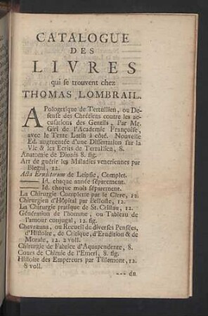 Catalogue des livres qui se trouvent chez Thomas Lombrail.