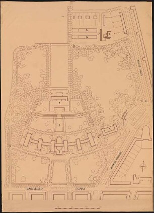 I.G.-Farben, Frankfurt/Main Verwaltungsgebäude: Lageplan mit Straßennamen 1:500 (wie Inv.Nr. 3920)