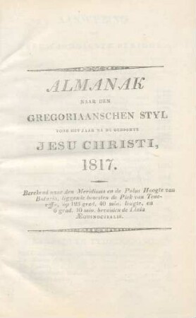Almanak naar den Gregoriaanschen Styl voor het jaar na de geboorte Jesu Christi, 1817