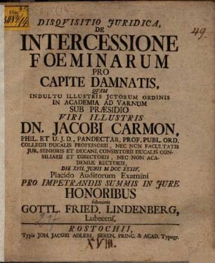 Disquisitio iur. de intercessione foeminarum pro capite damnatis