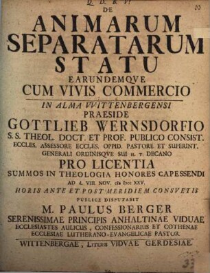 De Animarum Separatarum Statu Earundemque Cum Vivis Commercio