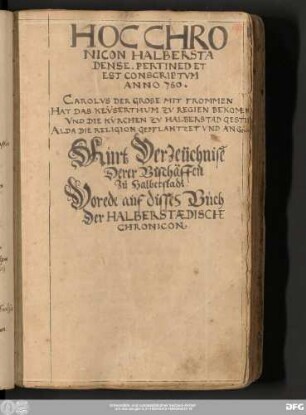 [Johannes Winnigstedt:] Hoc Chronicon Halberstadense. Pertined Et Est Conscriptum Anno 780.