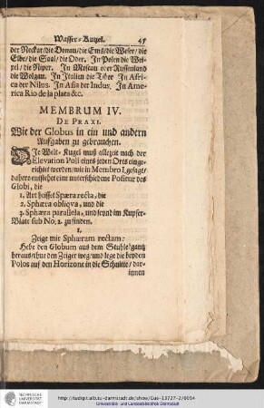 Membrum IV. De Praxi. Wie der Globus in ein und andern Aufgaben zu gebrauchen.