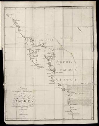 Entwurf der neuesten Entdeckungen an der Nordwestküste von Amerika nach Hanna, Johnstone, Wedgborough, Portlock, Dixon, Duncan, Meares und de la Quadra, von Georg Forster. Gestochen von Carl Gäck. 1791
