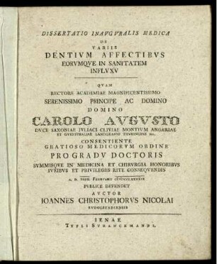 Dissertatio Inauguralis Medica De Variis Dentium Affectibus Eorumque In Sanitatem Influxu : A. D. XXIII. Februarii MDCCLXXXXIX